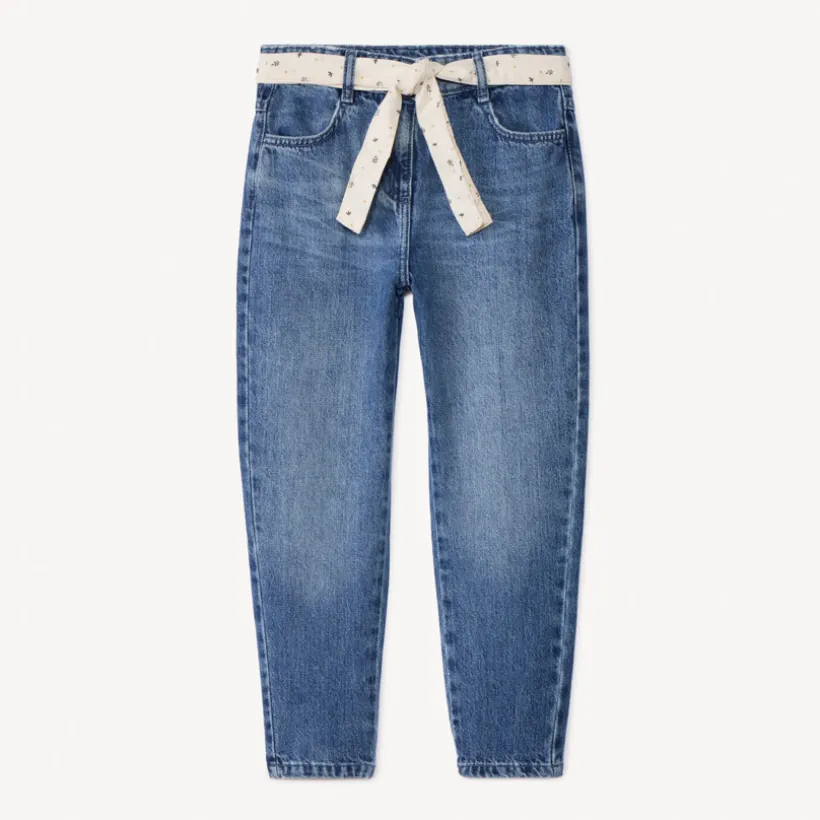 Jeans in denim momfit met elastische taille en fantasiehalsdoekje meisjes