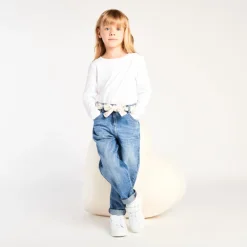 Jeans in denim momfit met elastische taille en fantasiehalsdoekje meisjes