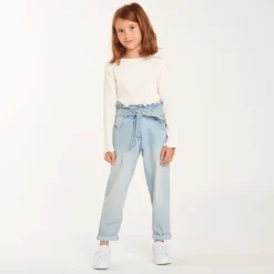 Jeans paperbag met knoopceintuur meisjes