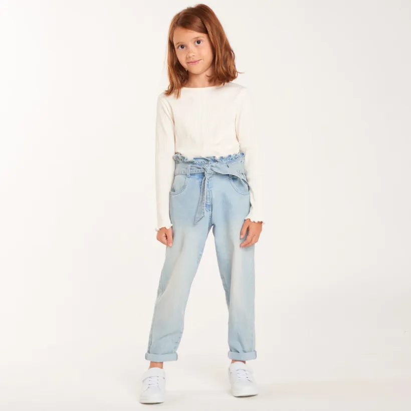 Jeans paperbag met knoopceintuur meisjes