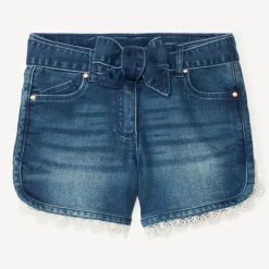 Jeans short met ceintuur en strik en kantdetails meisjes