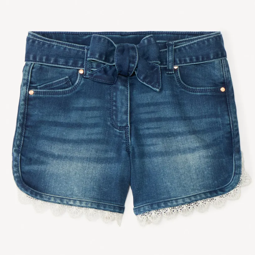 Jeans short met ceintuur en strik en kantdetails meisjes