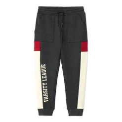 Joggingbroek van fleece met fluweel jongens anthraciet gemêleerd, met elastische taille en trekkoord, Italiaanse zakken en Varsity league-print