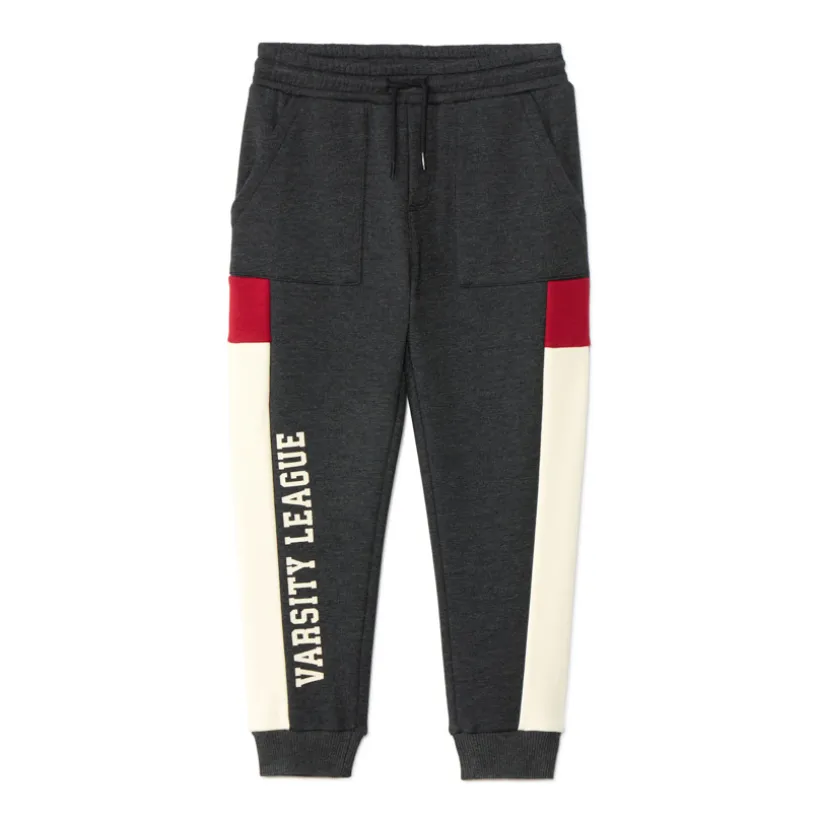 Joggingbroek van fleece met fluweel jongens anthraciet gemêleerd, met elastische taille en trekkoord, Italiaanse zakken en Varsity league-print