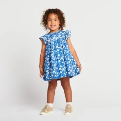 Jurkje met korte mouwen in voile, blauw met bloemenprint meisjes
