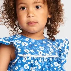 Jurkje met korte mouwen in voile, blauw met bloemenprint meisjes