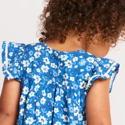 Jurkje met korte mouwen in voile, blauw met bloemenprint meisjes