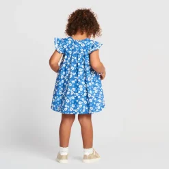 Jurkje met korte mouwen in voile, blauw met bloemenprint meisjes