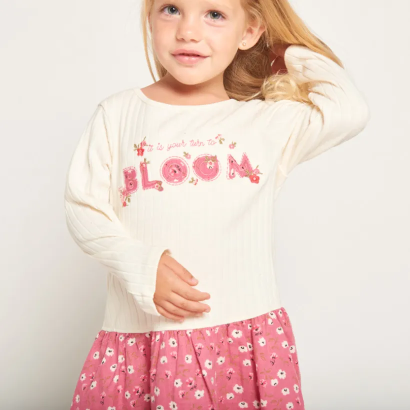 Jurk met 2-in-1 bi-materiaal effect met bloemenprint voor babymeisje