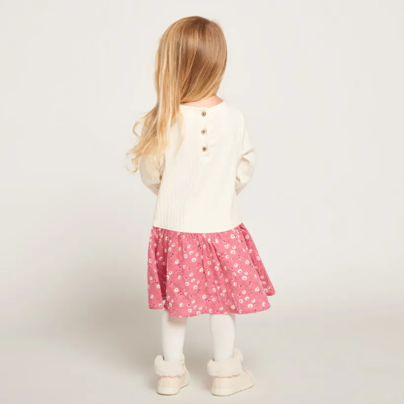 Jurk met 2-in-1 bi-materiaal effect met bloemenprint voor babymeisje