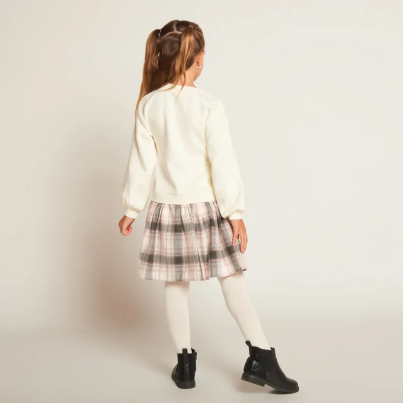 Jurk met 2-in-1 effect in bi-materiaal met ruitmotief meisjes