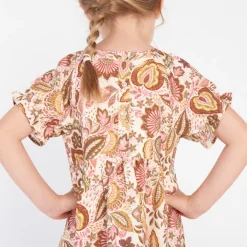Jurk met korte mouwen, folkloristische print, écru, meisjes