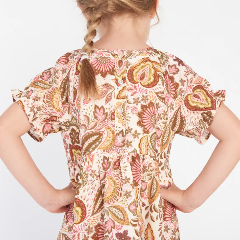 Jurk met korte mouwen, folkloristische print, écru, meisjes