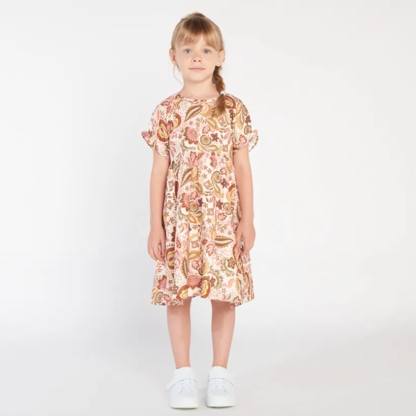 Jurk met korte mouwen, folkloristische print, écru, meisjes