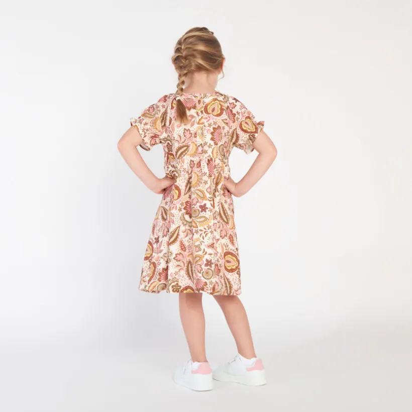Jurk met korte mouwen, folkloristische print, écru, meisjes