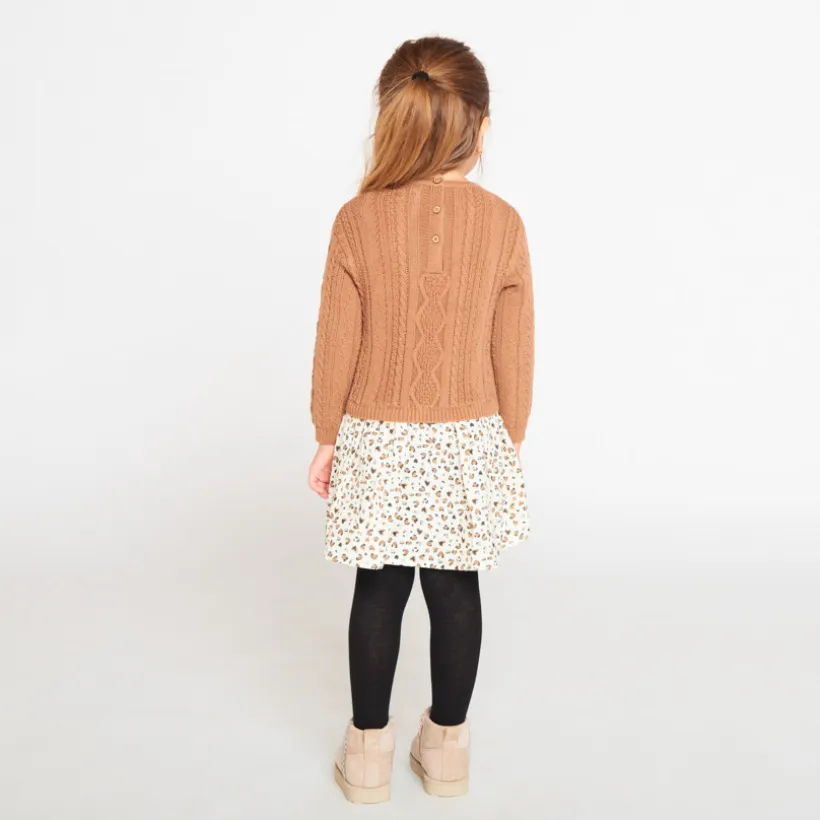 Jurk met lange mouwen en 2-in-1 effect in bi-materiaal, met fantasieprint meisjes