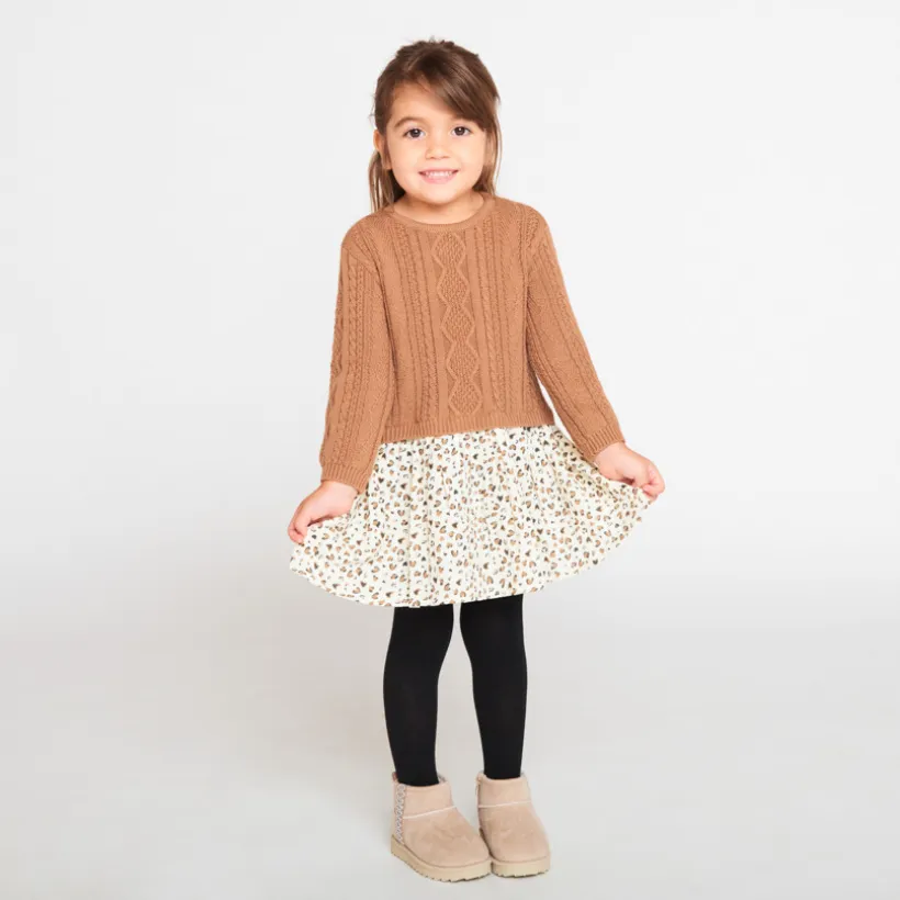 Jurk met lange mouwen en 2-in-1 effect in bi-materiaal, met fantasieprint meisjes