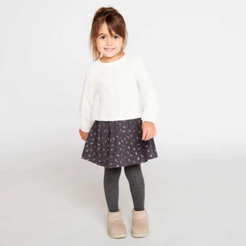 Jurk met lange mouwen en 2-in-1 effect in bi-materiaal, met fantasieprint meisjes