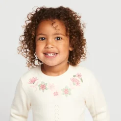 Jurk met lange mouwen in gebreide fantasie en geborduurde bloemen voor babymeisje