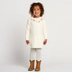 Jurk met lange mouwen in gebreide fantasie en geborduurde bloemen voor babymeisje
