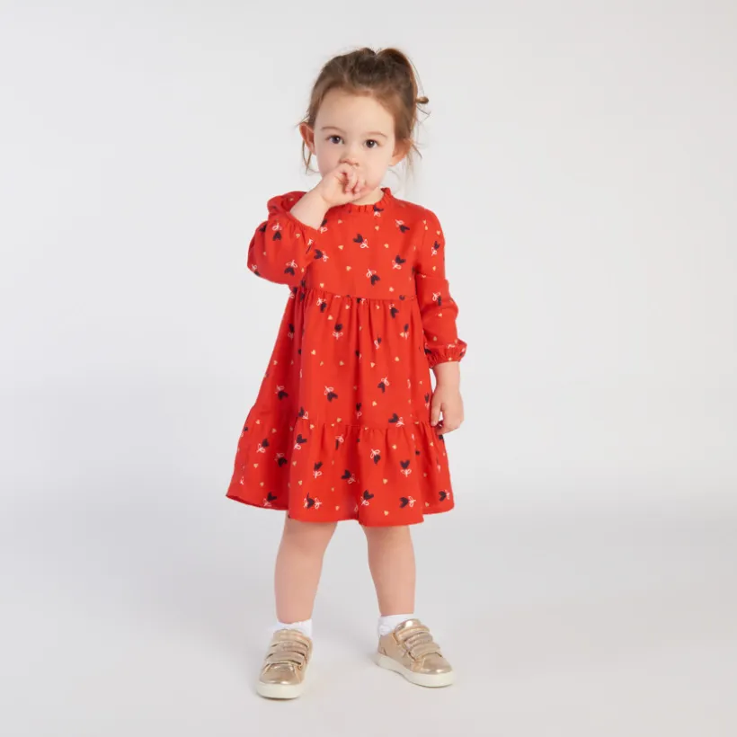 Jurk met lange mouwen, rode serge, allover fantasiehartenprint voor babymeisje