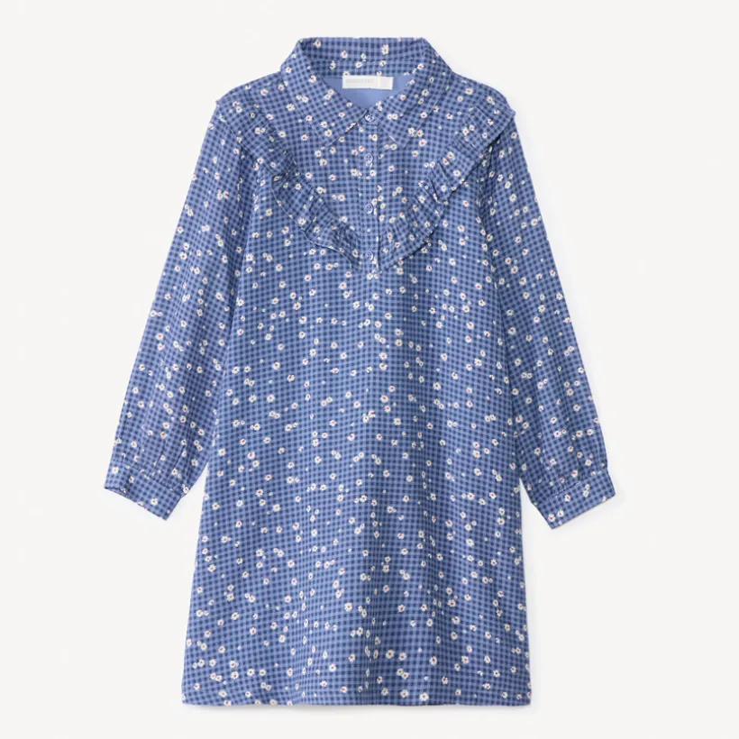 Jurk met lange mouwen, ruitpatroon en bloemenprint meisjes