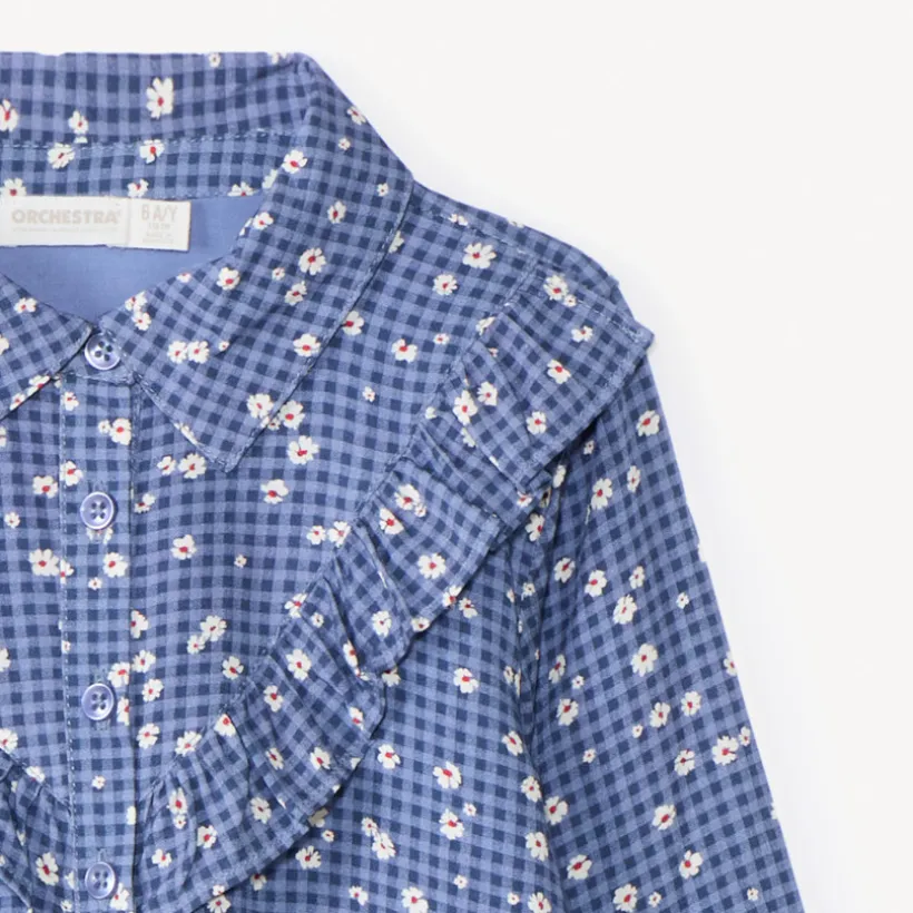 Jurk met lange mouwen, ruitpatroon en bloemenprint meisjes