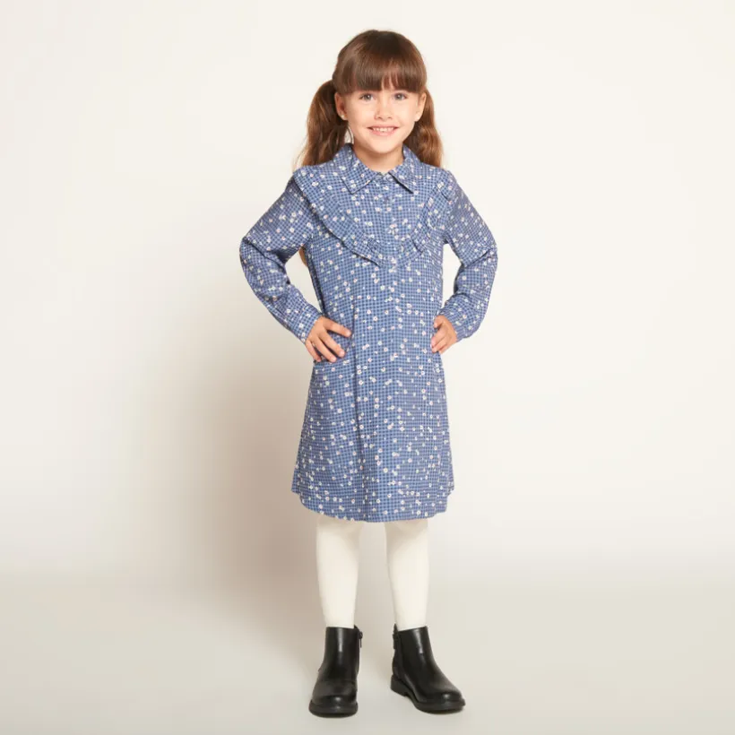 Jurk met lange mouwen, ruitpatroon en bloemenprint meisjes