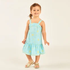 Jurk met schouderbandjes van tubulaire stof met schelpen- en bloemenprint voor babymeisjes