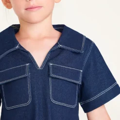 Jurk van denim meisjes met korte mouwen en V-hals