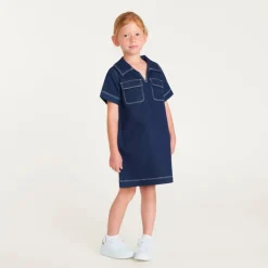 Jurk van denim meisjes met korte mouwen en V-hals