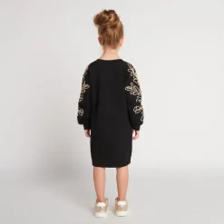 Jurk van effen fleece met geborduurde mouwen meisjes