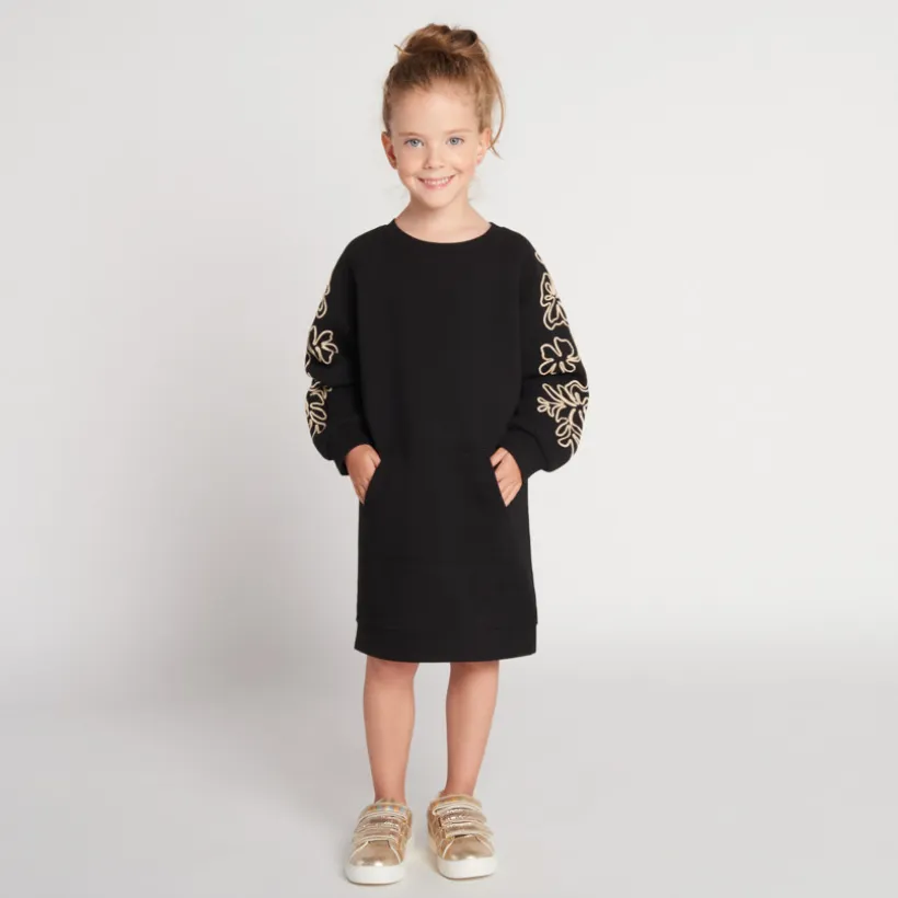 Jurk van effen fleece met geborduurde mouwen meisjes