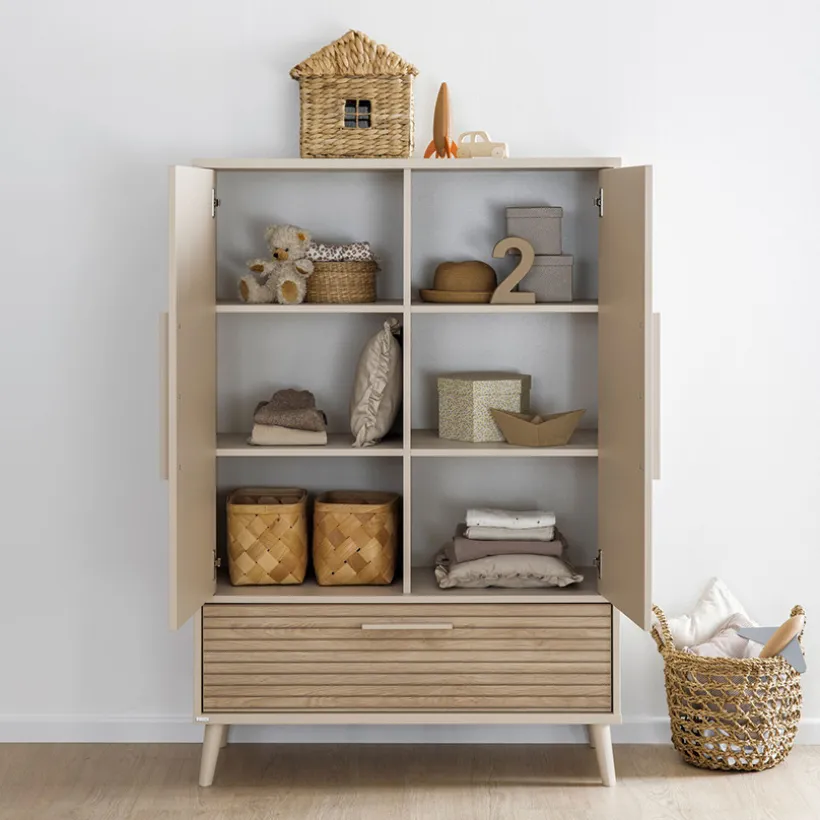 Kast met 2 deuren en 1 lade Tiny Eefje kasjmier Beige/Groovy Eikenhout