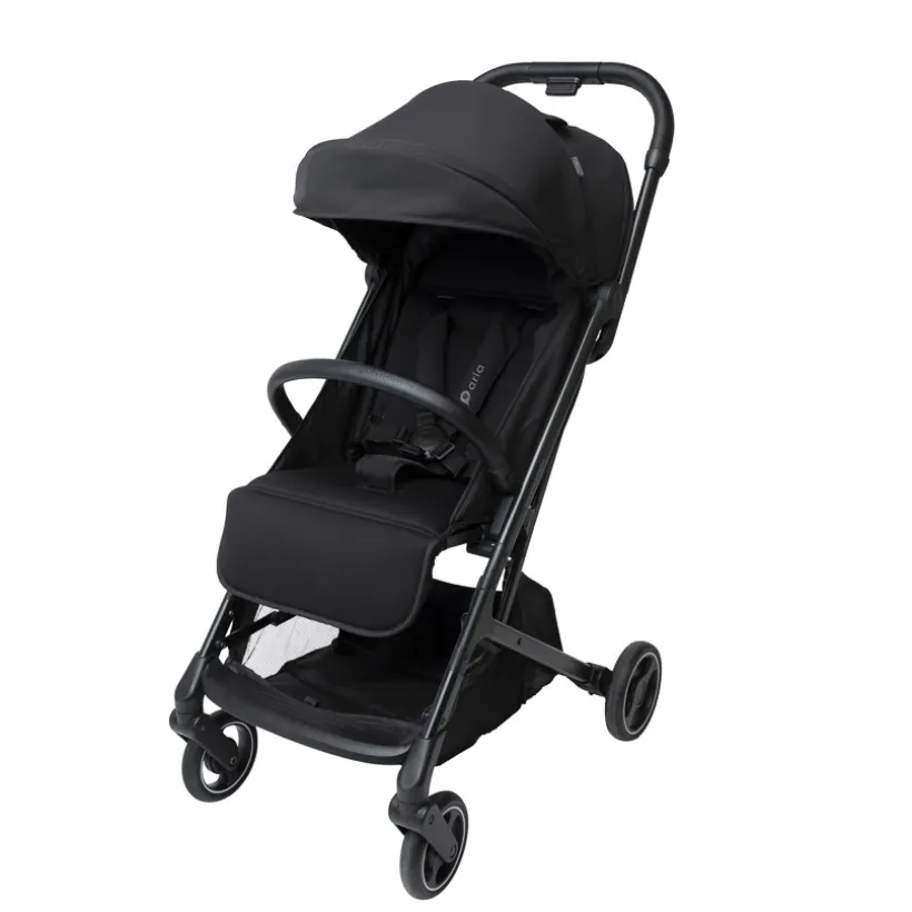 Kinderwagen Aria Plus zwart, volledig verstelbaar met XXL kap en zwenkwielen
