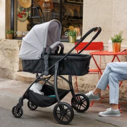 Kinderwagen trio combinatie met autostoel en mand grijs gemêleerd/zwart
