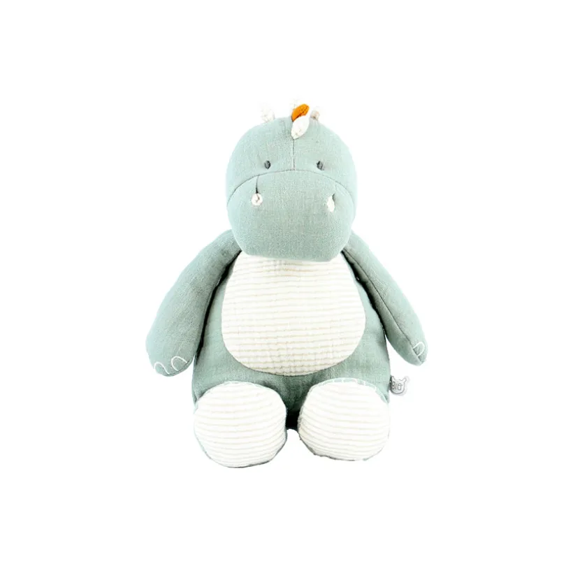 Kleine dino pluche van biologisch katoenen mousseline in eucalyptus kleur