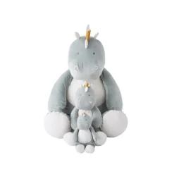 Kleine dino pluche van biologisch katoenen mousseline in eucalyptus kleur