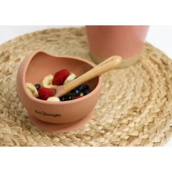Kom in silicone met zuignap + lepel in hout Terracotta