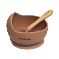 Kom in silicone met zuignap + lepel in hout Terracotta