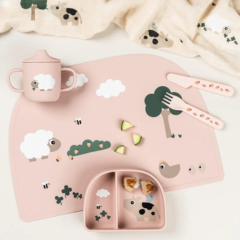 Kom met vakjes en zuignap Tiny Farm Roze
