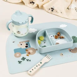 Kom met vakjes en zuignap Tiny Farm Blauw