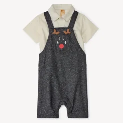 Korte 2-delige set met kerstsalopette voor babyjongen