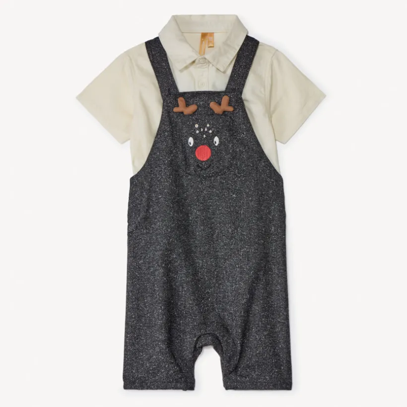 Korte 2-delige set met kerstsalopette voor babyjongen