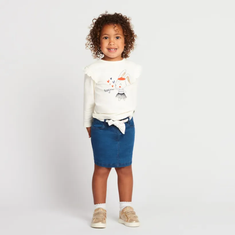 Korte jeanslookrok met stofriem om te knopen voor babymeisje