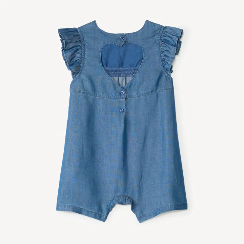 Korte jumpsuit + charlotte in geborduurd tencel met bloemen voor babymeisje