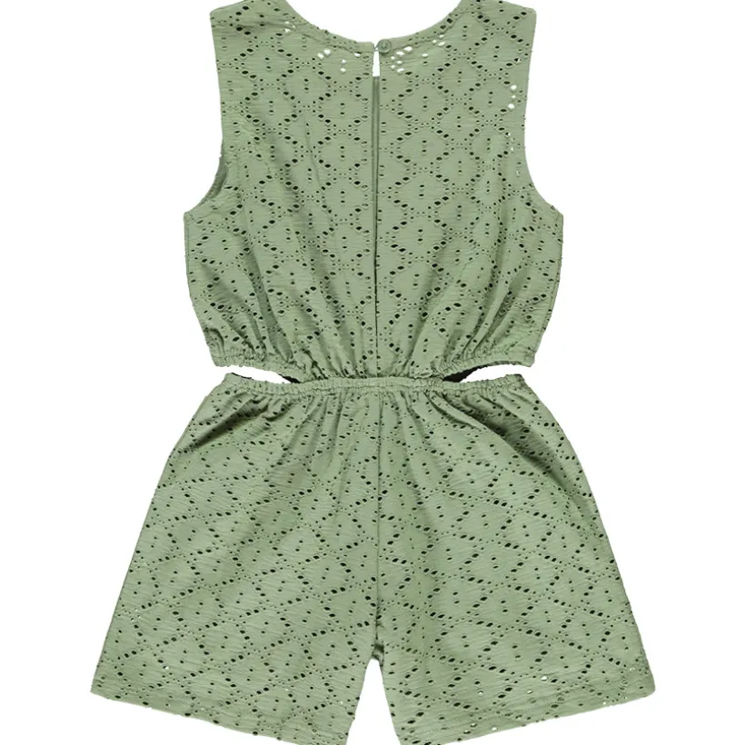 Korte jumpsuit in jacquard fantasie met opengewerkte details voor meisjes