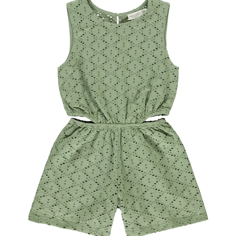 Korte jumpsuit in jacquard fantasie met opengewerkte details voor meisjes