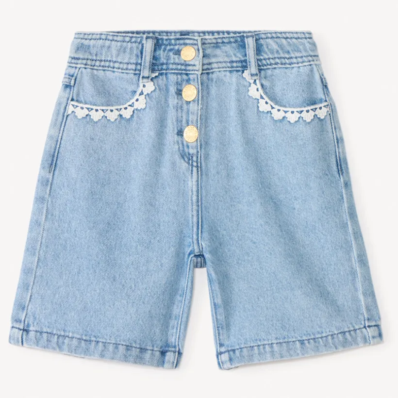 Korte lange jeans met borduursel en verstelbare taille meisjes