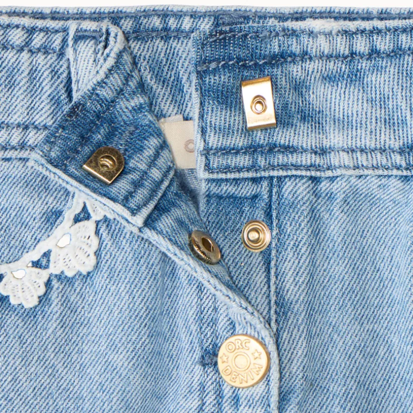 Korte lange jeans met borduursel en verstelbare taille meisjes